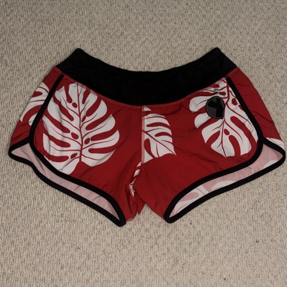 Red Women's Shorts with Leaf Print